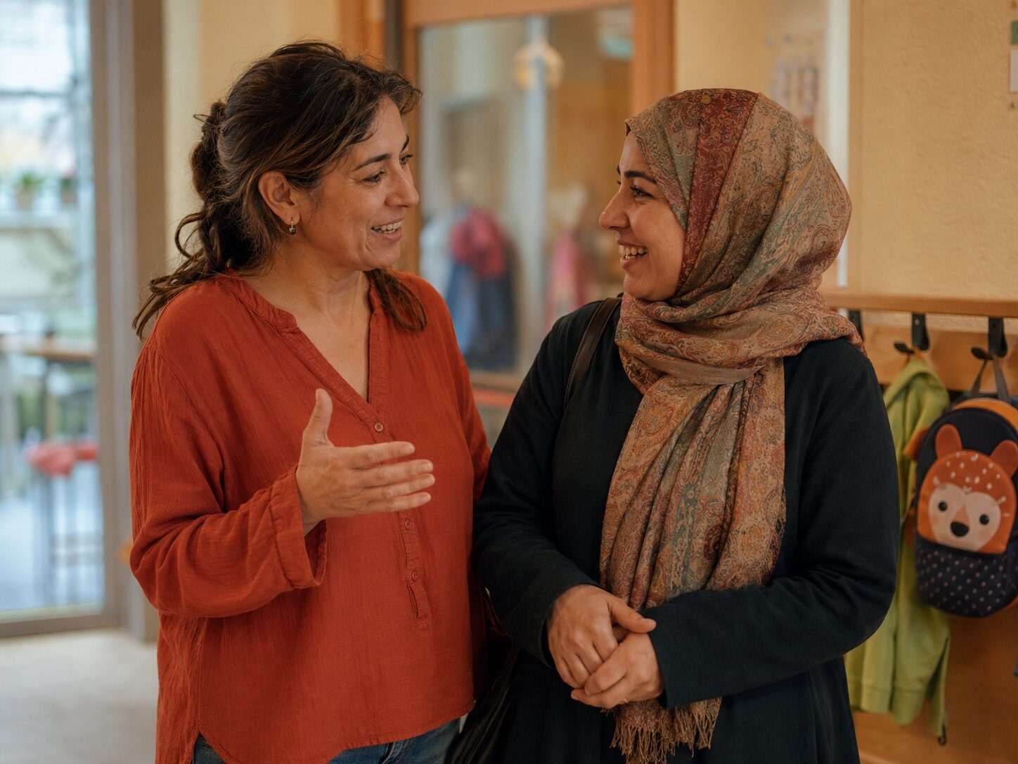 Integrationsbegleiterin im Gespräch mit einer Mutter im Eingangsbereich